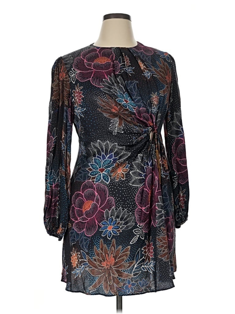 Farm Rio Keyhole Long Sleeve Mini Dress - Black Multi - Small